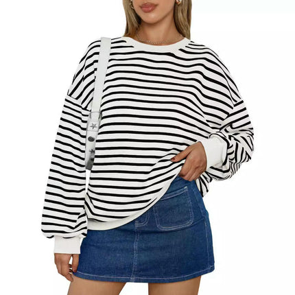 Womens Striped Oversized Sweatshirt Long Sleeve Crew Neck Color Block Tunic Tops