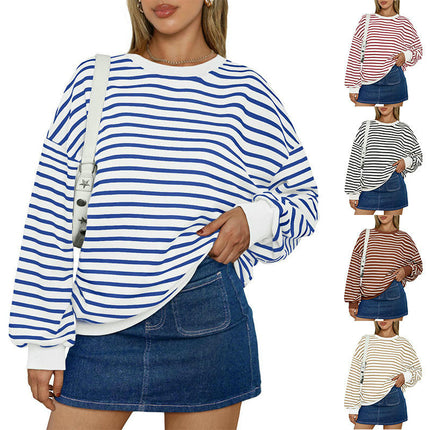 Womens Striped Oversized Sweatshirt Long Sleeve Crew Neck Color Block Tunic Tops
