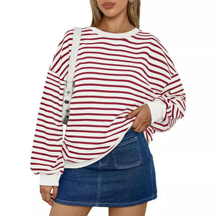 Womens Striped Oversized Sweatshirt Long Sleeve Crew Neck Color Block Tunic Tops
