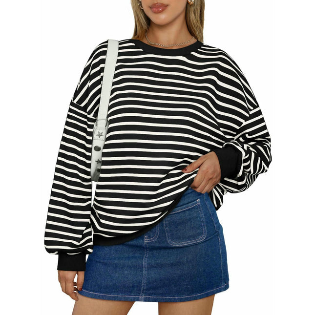 Womens Striped Oversized Sweatshirt Long Sleeve Crew Neck Color Block Tunic Tops