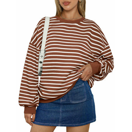 Womens Striped Oversized Sweatshirt Long Sleeve Crew Neck Color Block Tunic Tops