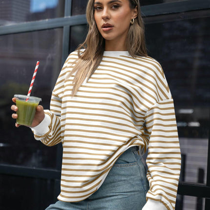 Womens Striped Oversized Sweatshirt Long Sleeve Crew Neck Color Block Tunic Tops