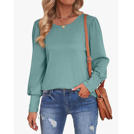 Puff Long Sleeve Shirts for Women Casual Crewneck Solid Color Loose Tunic Tops