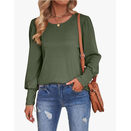 Puff Long Sleeve Shirts for Women Casual Crewneck Solid Color Loose Tunic Tops