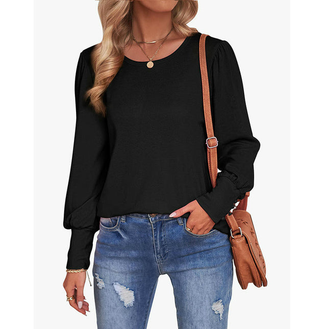 Puff Long Sleeve Shirts for Women Casual Crewneck Solid Color Loose Tunic Tops