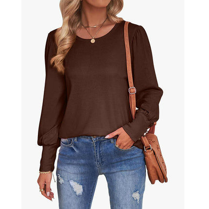 Puff Long Sleeve Shirts for Women Casual Crewneck Solid Color Loose Tunic Tops