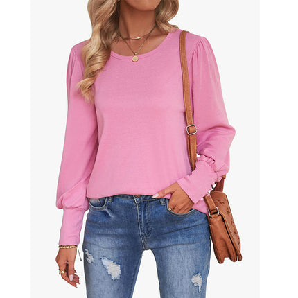 Puff Long Sleeve Shirts for Women Casual Crewneck Solid Color Loose Tunic Tops