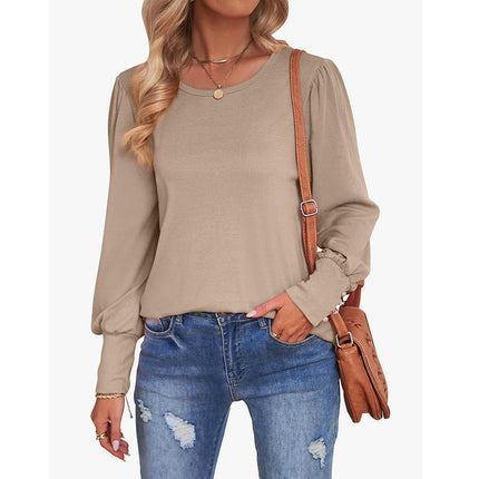 Puff Long Sleeve Shirts for Women Casual Crewneck Solid Color Loose Tunic Tops