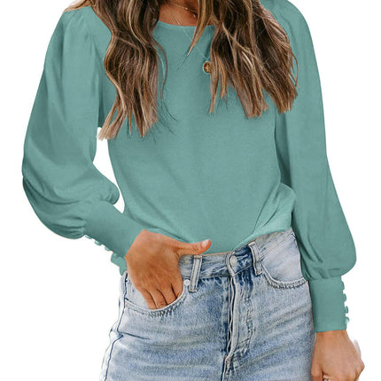 Puff Long Sleeve Shirts for Women Casual Crewneck Solid Color Loose Tunic Tops