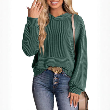 Womens Ribbed Hooded Sweatshirt Long Sleeve Solid Color Pullover Tops