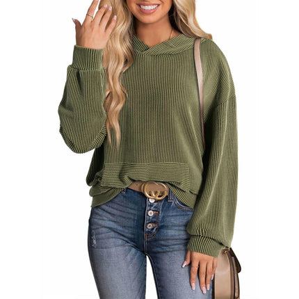 Womens Ribbed Hooded Sweatshirt Long Sleeve Solid Color Pullover Tops