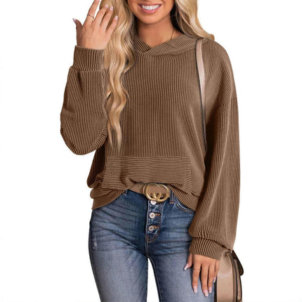 Womens Ribbed Hooded Sweatshirt Long Sleeve Solid Color Pullover Tops