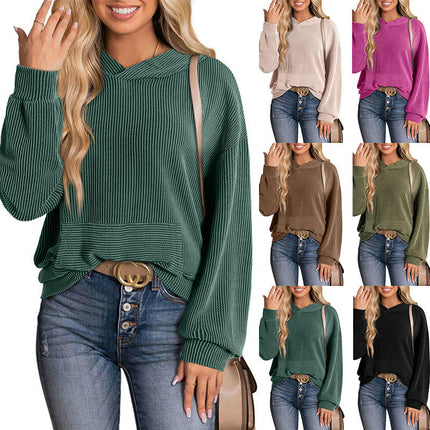Womens Ribbed Hooded Sweatshirt Long Sleeve Solid Color Pullover Tops