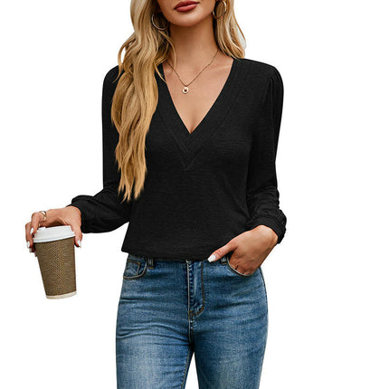 Womens V Neck Puff Long Sleeve Blouses Dressy Casual Fall Shirts Loose Tunic Tops