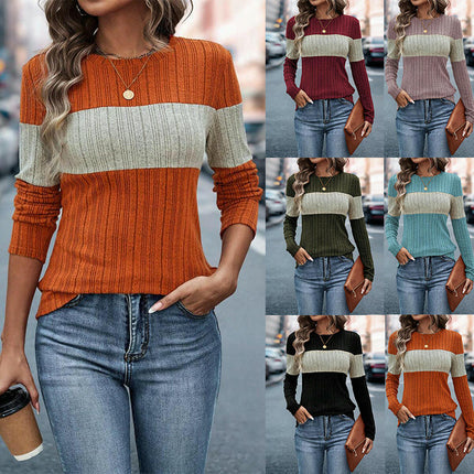 Womens Soft Long Sleeve Crew Neck Shirts Color Block Casual Knitted Pullover Tunic Tops