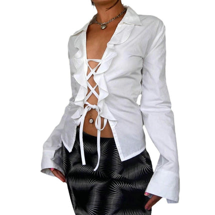 Women's Sexy Lace Up Front Shirts Long Sleeve Ruffle Trim Slim Fitted Crisscross Top