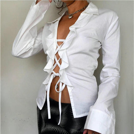 Women's Sexy Lace Up Front Shirts Long Sleeve Ruffle Trim Slim Fitted Crisscross Top