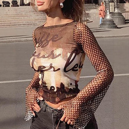 Womens Mesh Bell Long Sleeve Tops Crew Neck Sexy See Through Tee Shirts