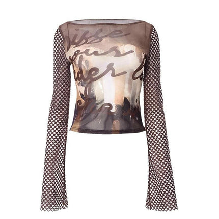 Womens Mesh Bell Long Sleeve Tops Crew Neck Sexy See Through Tee Shirts