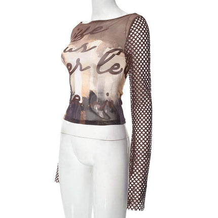 Womens Mesh Bell Long Sleeve Tops Crew Neck Sexy See Through Tee Shirts