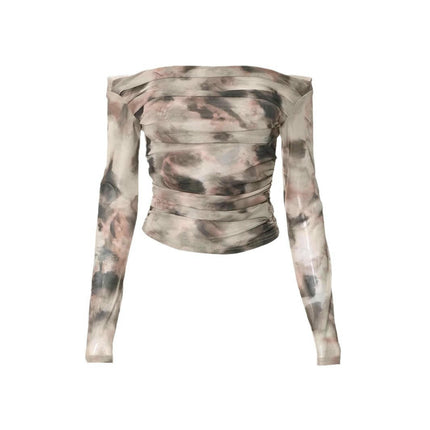 Women's Off Shoulder Mesh T Shirts Tie-Dye Long Sleeve Ruched Slim Fit Tops
