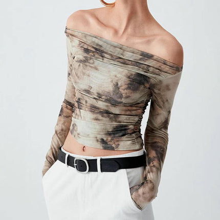 Women's Off Shoulder Mesh T Shirts Tie-Dye Long Sleeve Ruched Slim Fit Tops