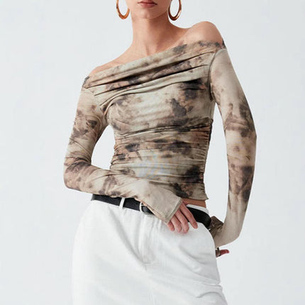 Women's Off Shoulder Mesh T Shirts Tie-Dye Long Sleeve Ruched Slim Fit Tops