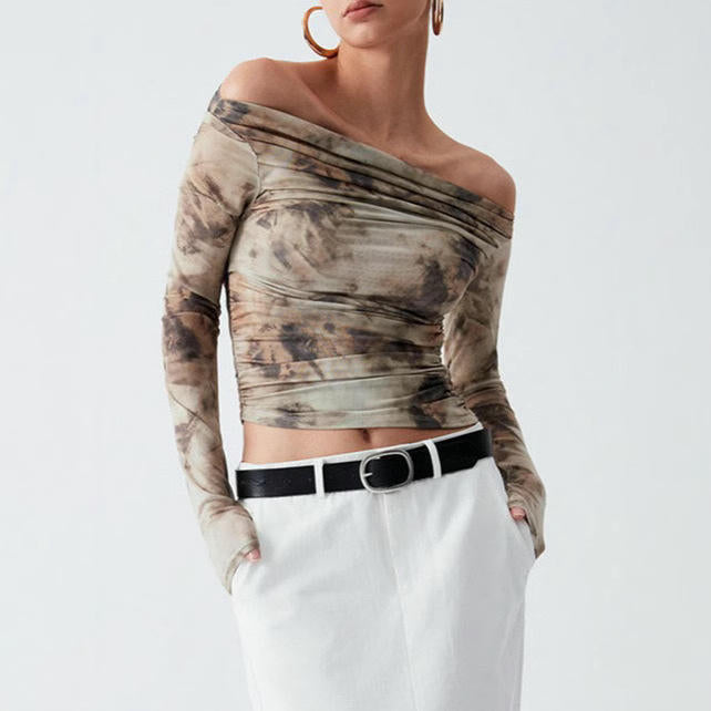 Women's Off Shoulder Mesh T Shirts Tie-Dye Long Sleeve Ruched Slim Fit Tops