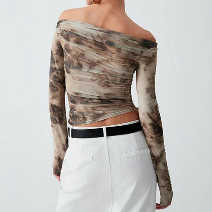 Women's Off Shoulder Mesh T Shirts Tie-Dye Long Sleeve Ruched Slim Fit Tops