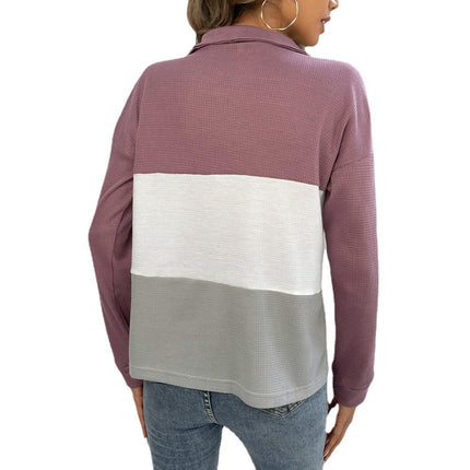 Womens Zip Collared Pullover Casual Long Sleeve Shirts Color Block Waffle Loose Tops
