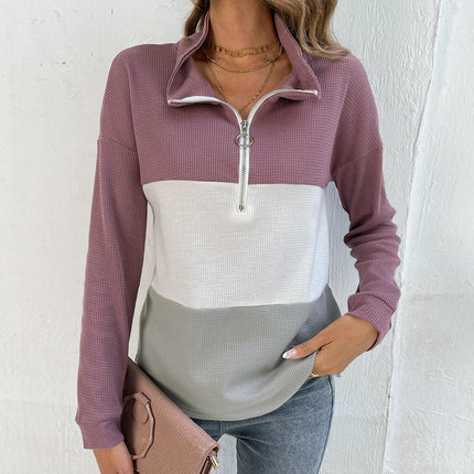 Womens Zip Collared Pullover Casual Long Sleeve Shirts Color Block Waffle Loose Tops