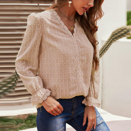 Women's Swiss Dots Lace Trim Blouse V Neck Puff Long Sleeve Chiffon Top
