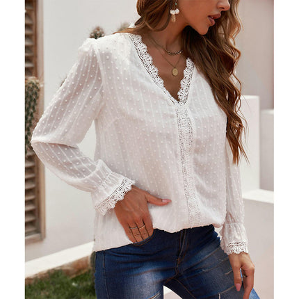 Women's Swiss Dots Lace Trim Blouse V Neck Puff Long Sleeve Chiffon Top