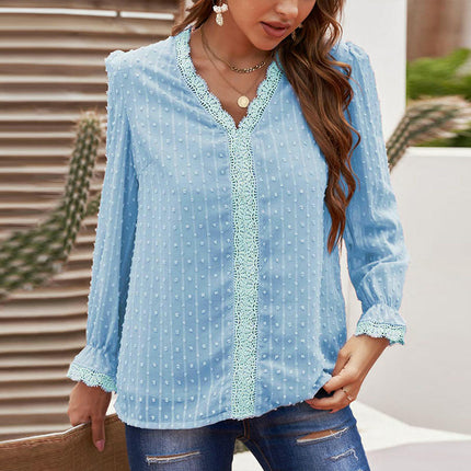 Women's Swiss Dots Lace Trim Blouse V Neck Puff Long Sleeve Chiffon Top