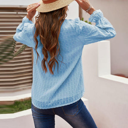 Women's Swiss Dots Lace Trim Blouse V Neck Puff Long Sleeve Chiffon Top