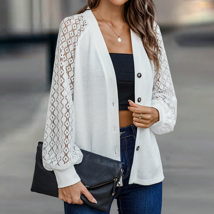 Women's Lace Long Sleeve Shirts V Neck Button Down Casual Tops