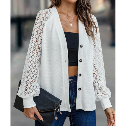 Women's Lace Long Sleeve Shirts V Neck Button Down Casual Tops