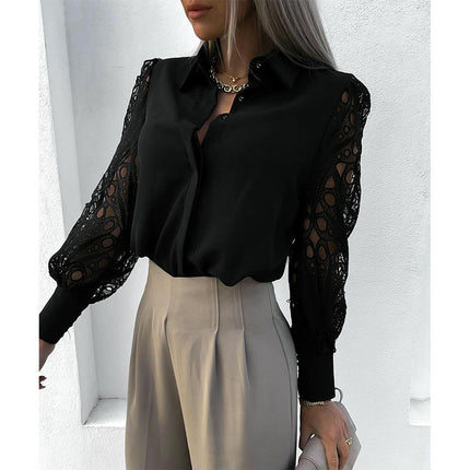 Women's Button Down Lace Long Sleeve Top Casual Collared V Neck Solid Blouse Shirts