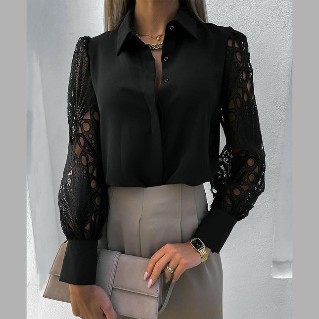 Women's Button Down Lace Long Sleeve Top Casual Collared V Neck Solid Blouse Shirts
