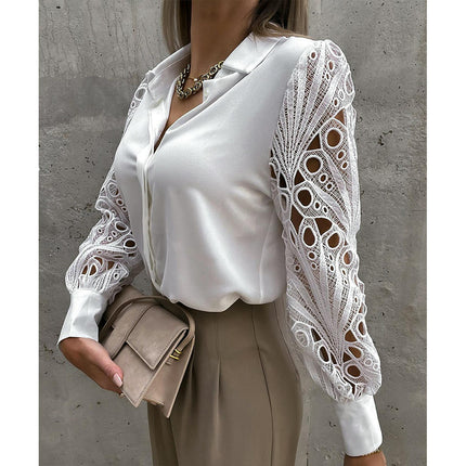 Women's Button Down Lace Long Sleeve Top Casual Collared V Neck Solid Blouse Shirts