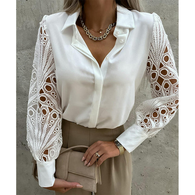Women's Button Down Lace Long Sleeve Top Casual Collared V Neck Solid Blouse Shirts