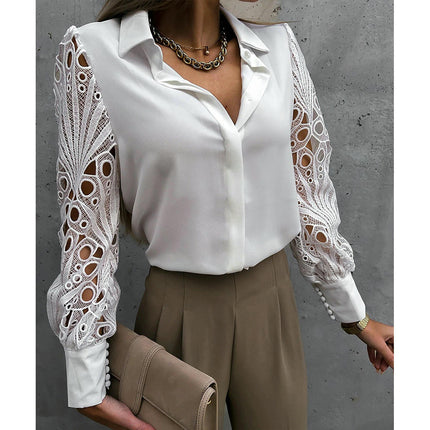 Women's Button Down Lace Long Sleeve Top Casual Collared V Neck Solid Blouse Shirts
