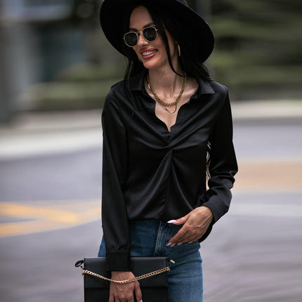 Women's Casual Long Sleeve Tops Twist Front V Neck Collared Shirts