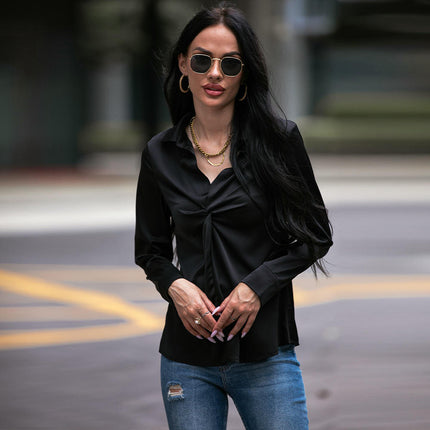 Women's Casual Long Sleeve Tops Twist Front V Neck Collared Shirts