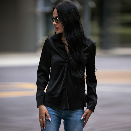 Women's Casual Long Sleeve Tops Twist Front V Neck Collared Shirts