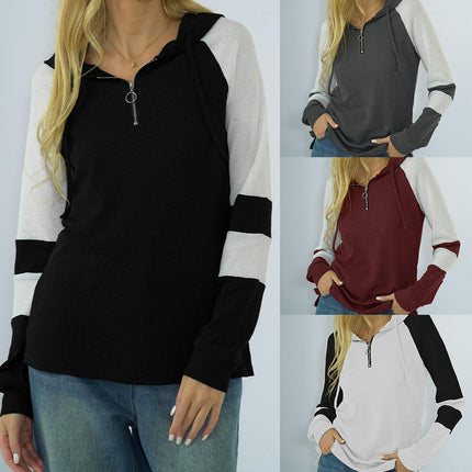 Women's Long Sleeve Sweatshirts Half Zip Loose Color Block Hooded Tops