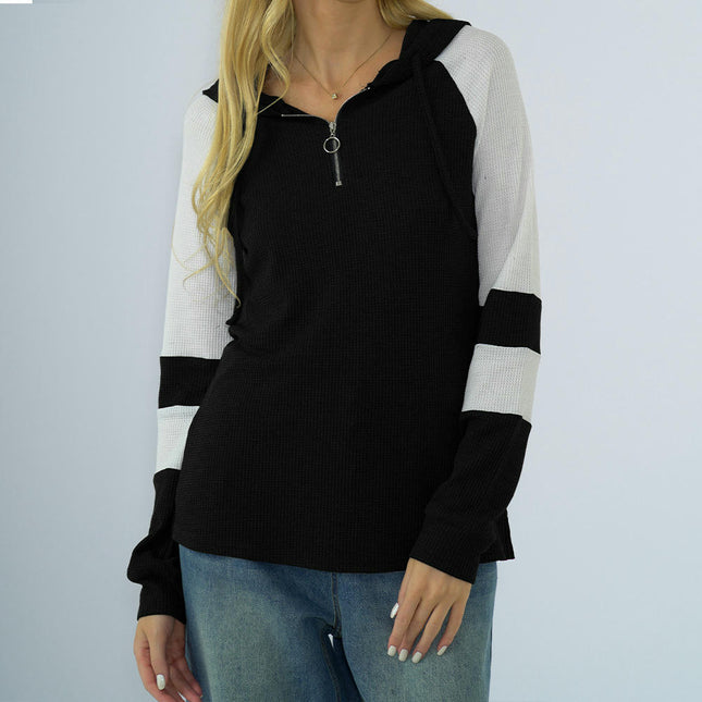 Women's Long Sleeve Sweatshirts Half Zip Loose Color Block Hooded Tops