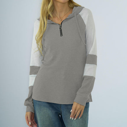 Women's Long Sleeve Sweatshirts Half Zip Loose Color Block Hooded Tops