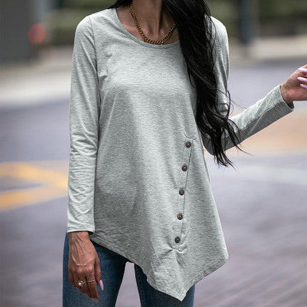Women Long Sleeve Crew Neck Blouse Button Asymmetrical T Shirt Solid Color Tunic Tops