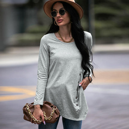 Women Long Sleeve Crew Neck Blouse Button Asymmetrical T Shirt Solid Color Tunic Tops